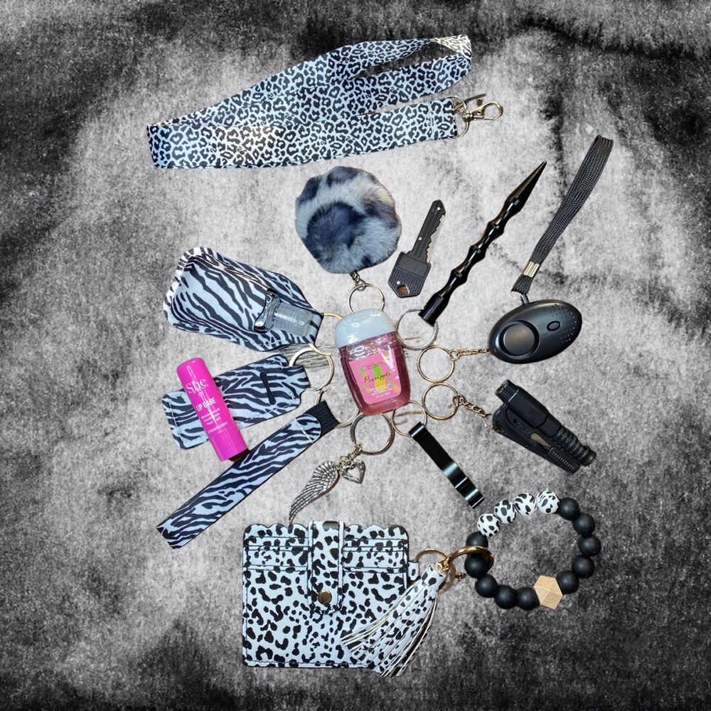 Zebra Safety Keychain with Leopard Lanyard & Leopard ID Wristlet Set